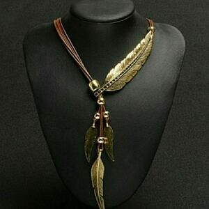 Gold Feather Pendant Necklace with Brown Cord